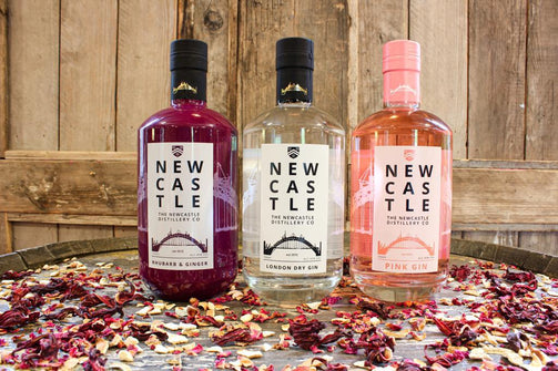 The Newcastle Gin Collection.  Original Newcastle London Dry Gin 700ml, Newcastle Pink Gin 700ml and Newcastle Rhubarb and Ginger Gin 700ml